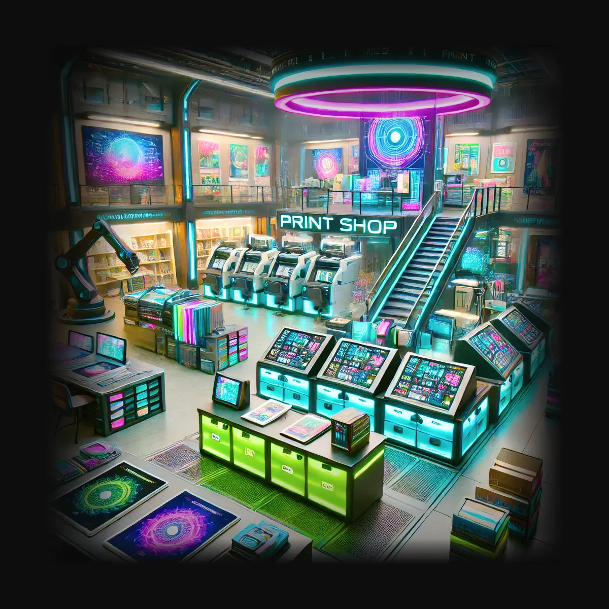 A dimly lit interior of a print shop with multiple printing machines, colorful supply bins, digital control panels, and a "PRINT SHOP" sign illuminated with neon-style lighting.