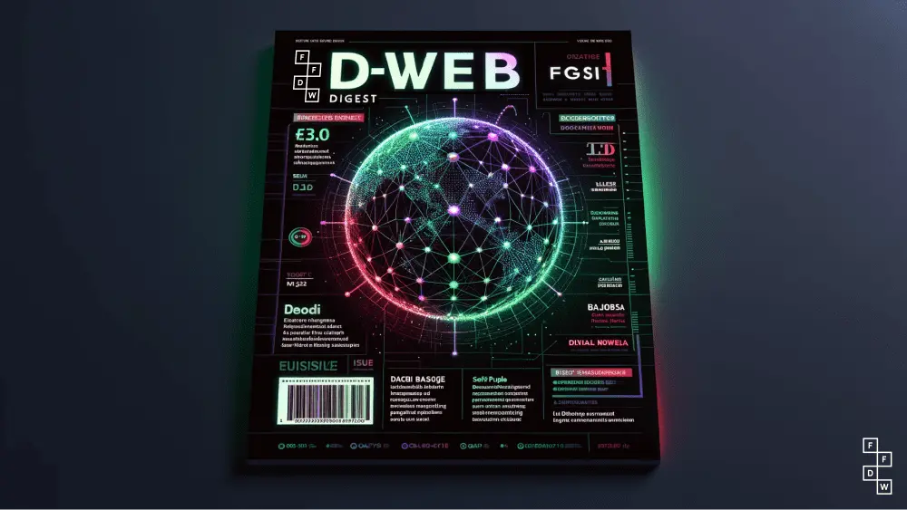 A futuristic "D-WEB DIGEST" magazine cover featuring a glowing network sphere graphic with neon colors on black, showcasing decentralized web technology themes.